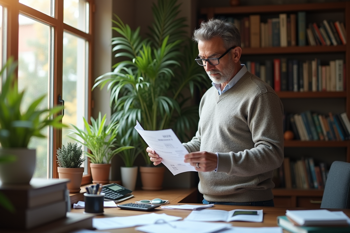 Homme d age moyen examinant un relevé bancaire dans un bureau à domicile