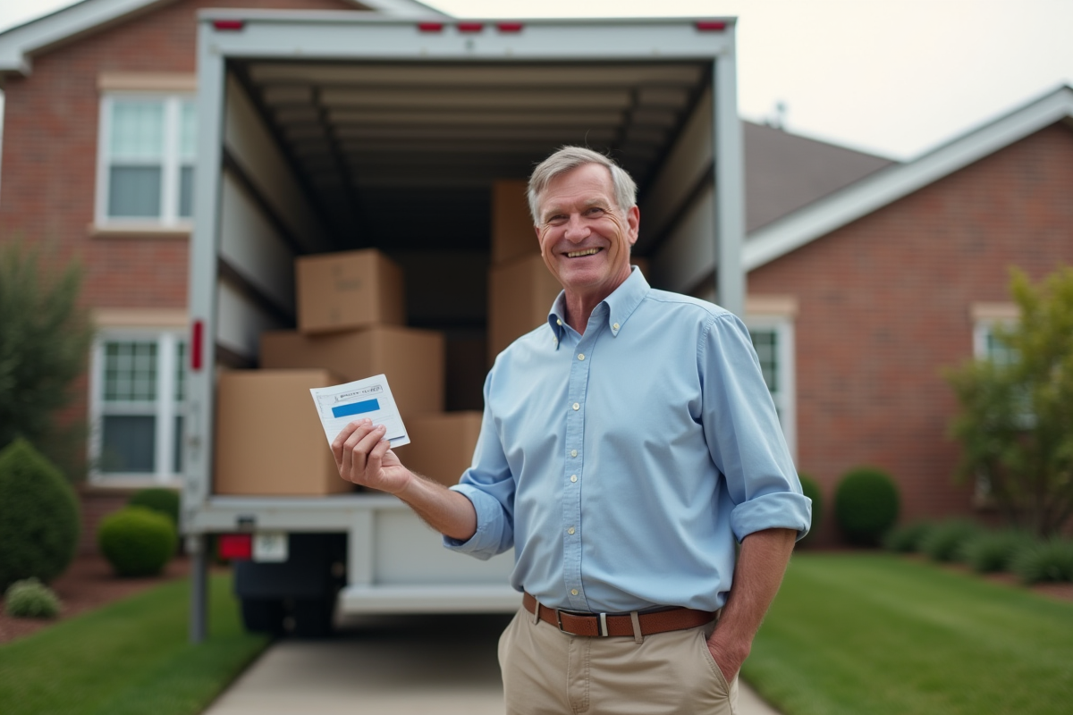 Homme souriant tenant un reçu devant une maison en déménagement