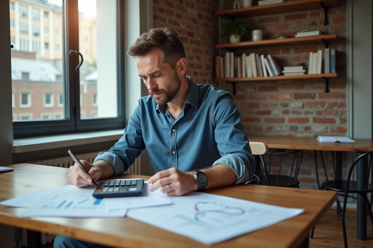 Homme d age examine des documents dans son appartement