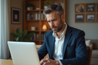 Homme en costume analysant un simulateur immobilier dans un bureau moderne