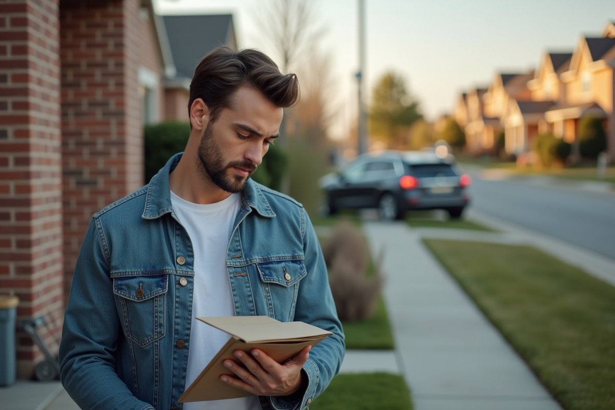 Homme vérifiant sa boîte aux lettres devant une maison de banlieue