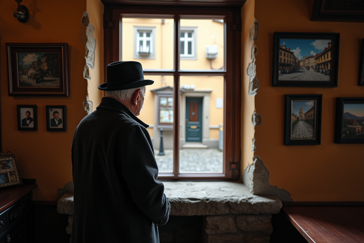 Homme âgé regardant par la fenêtre d