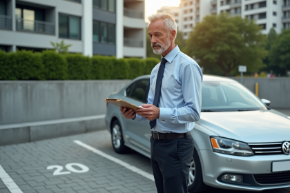 Homme d'&acirc;ge moyen lisant un clipboard pr&egrave;s d'une voiture dans un parking