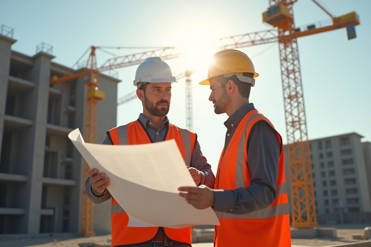 Deux ingénieurs en construction examinant des plans sur un chantier en plein air