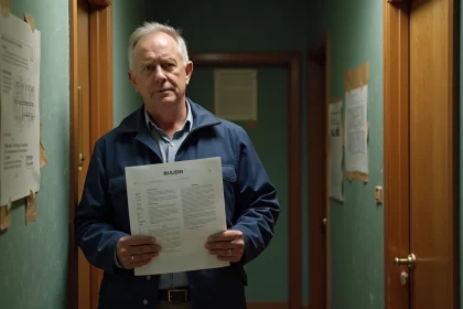 Inspecteur en bâtiment avec rapport asbestos dans un couloir ancien