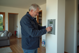 Inspecteur immobilier vérifiant un compteur mural dans un salon moderne