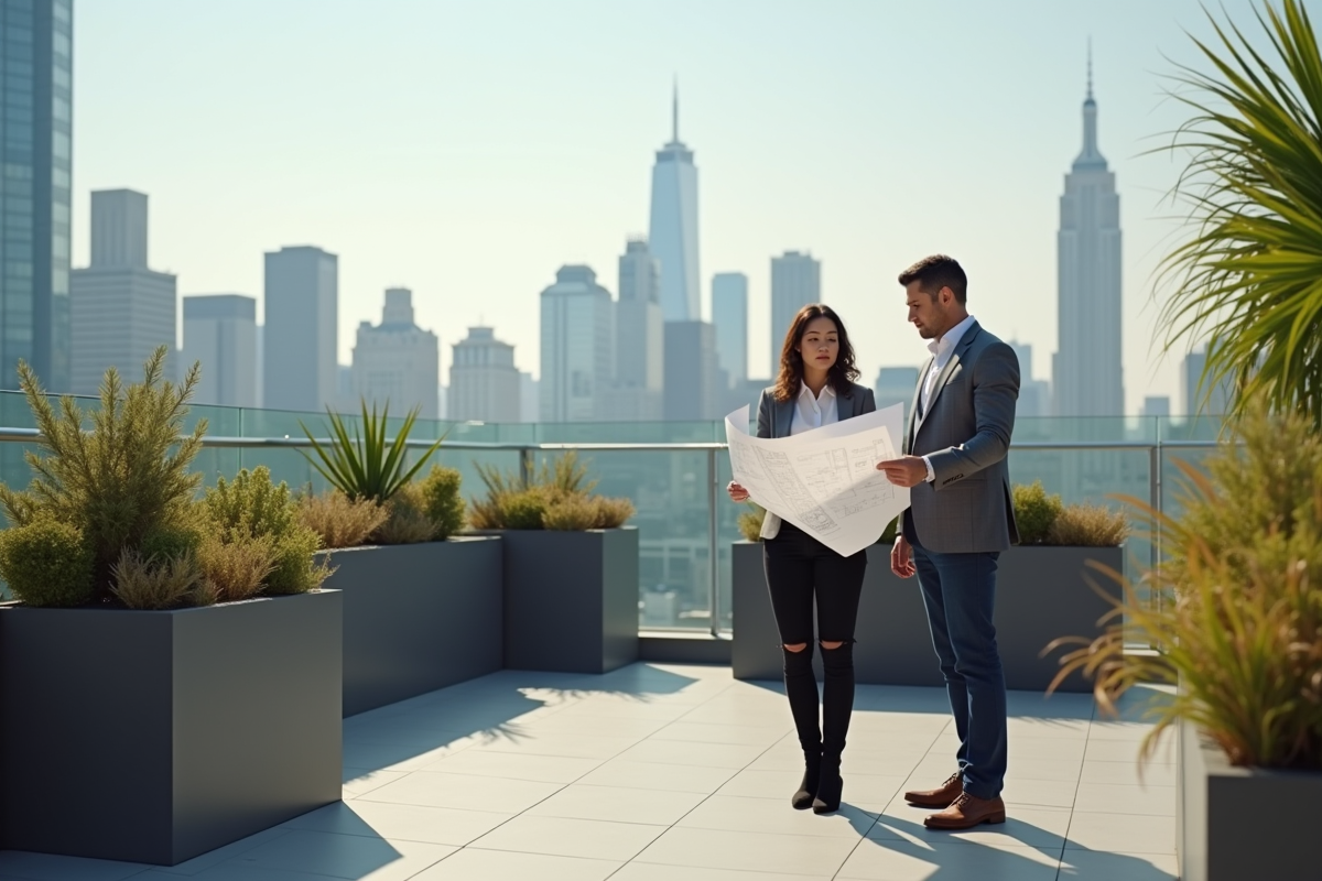 Deux personnes inspectant la terrasse avec plans et skyline en arrière-plan