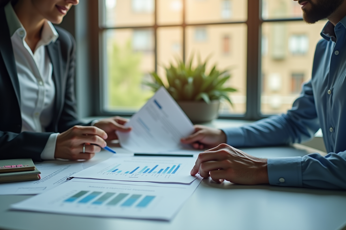 Investisseur immobilier examinant des documents dans un bureau lumineux