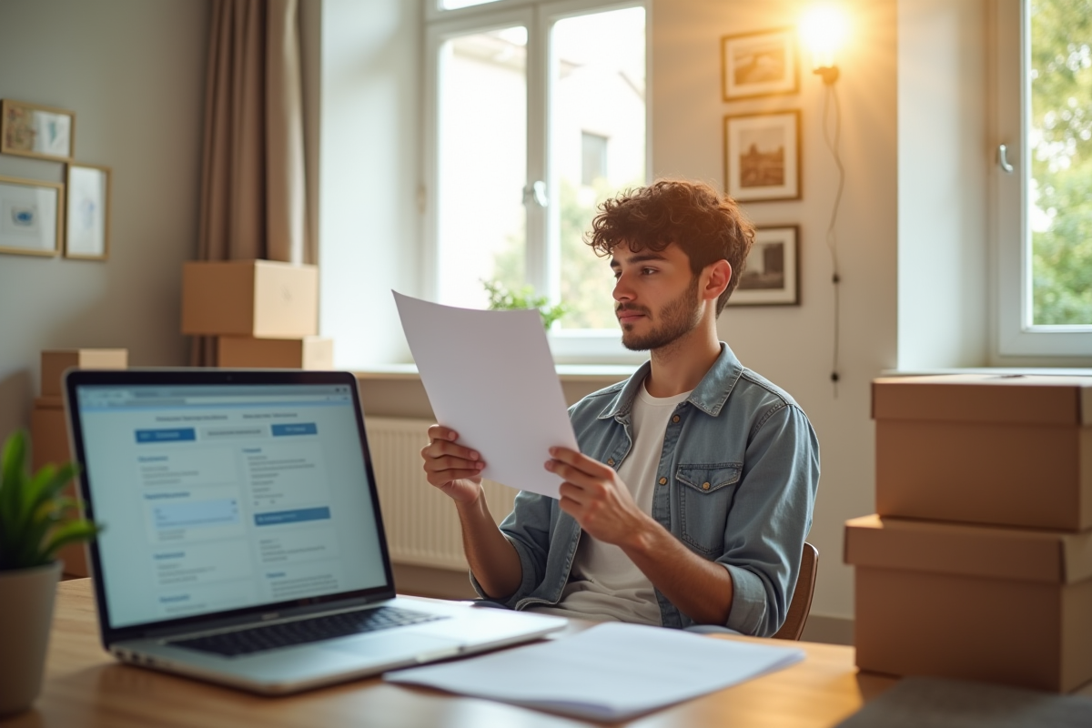 Jeune adulte tenant documents officiels dans un salon lumineux