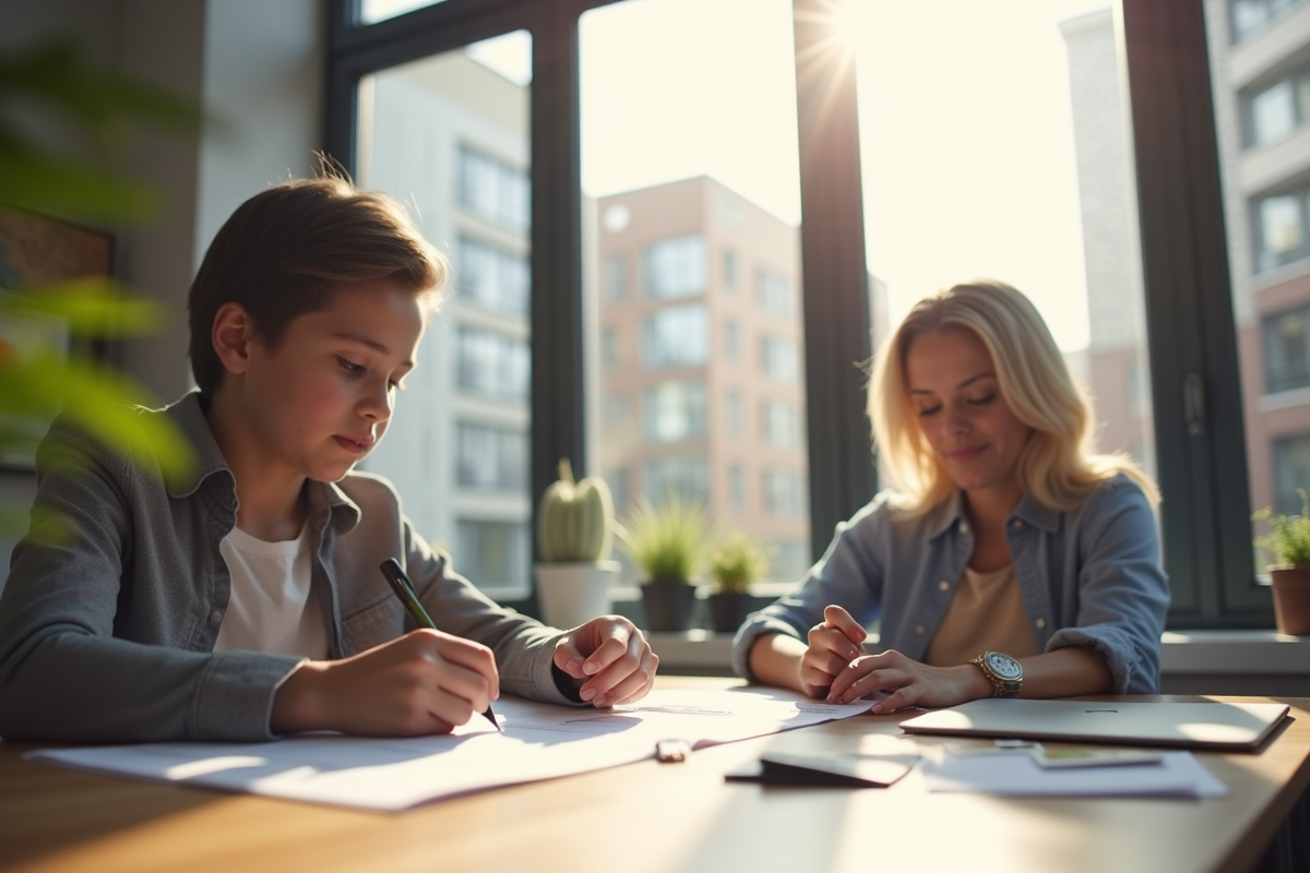 Jeune adulte signant un contrat de location dans un bureau lumineux