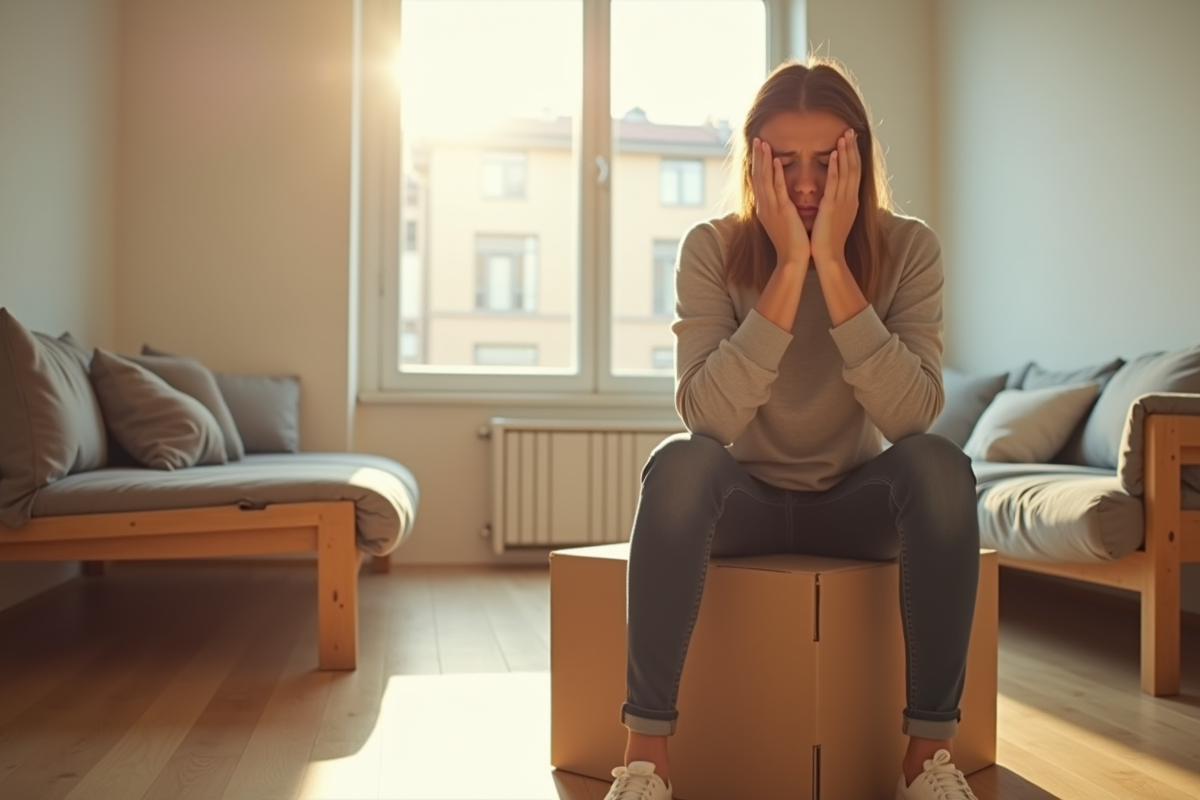 Jeune adulte stressé assis sur des cartons dans un appartement lumineux