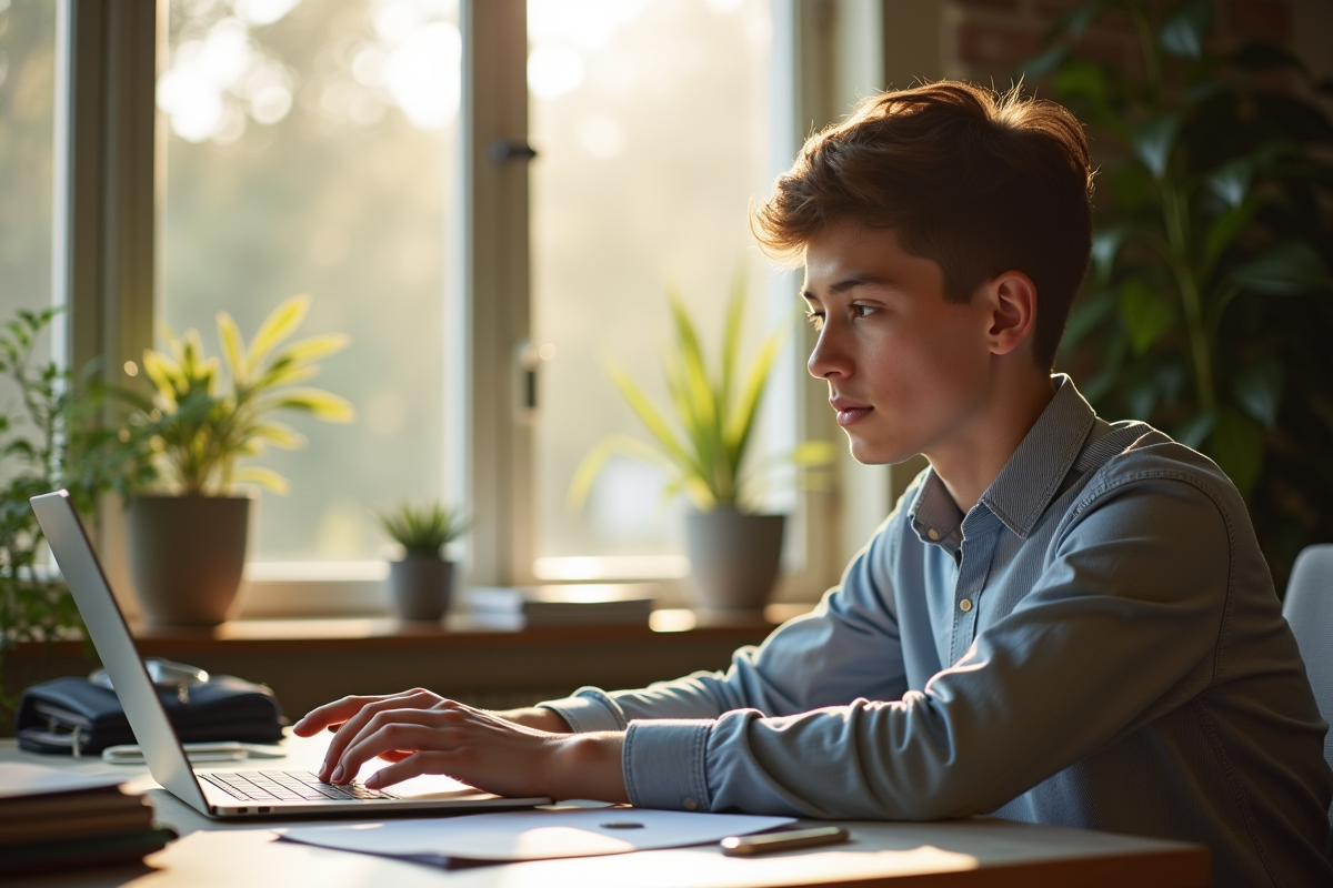 Jeune adulte travaillant sur un bureau avec documents et ordinateur