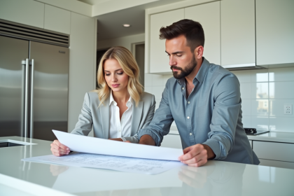 Jeune couple professionnel dans une cuisine moderne et lumineuse