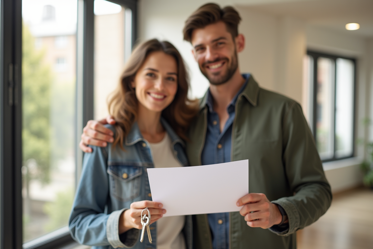 Jeune couple souriant tenant des clés et un contrat de location