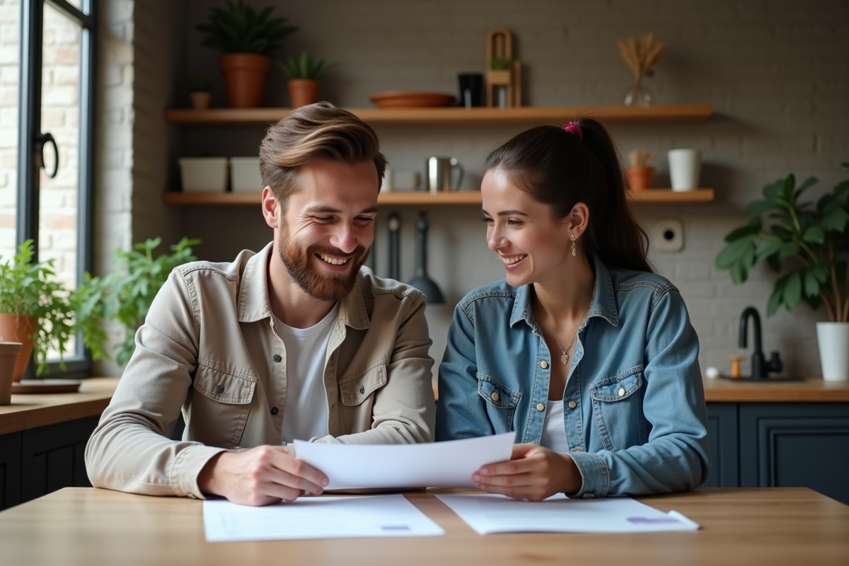 Jeune couple à la maison examine un contrat de location