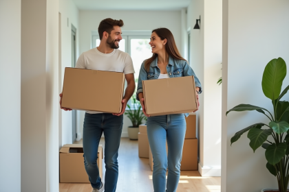 Jeune couple souriant avec cartons dans un appartement moderne