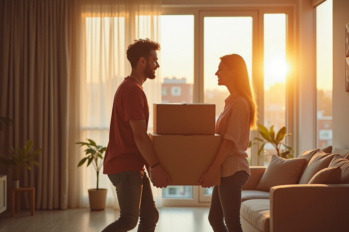 Jeune couple portant des cartons dans un appartement lumineux