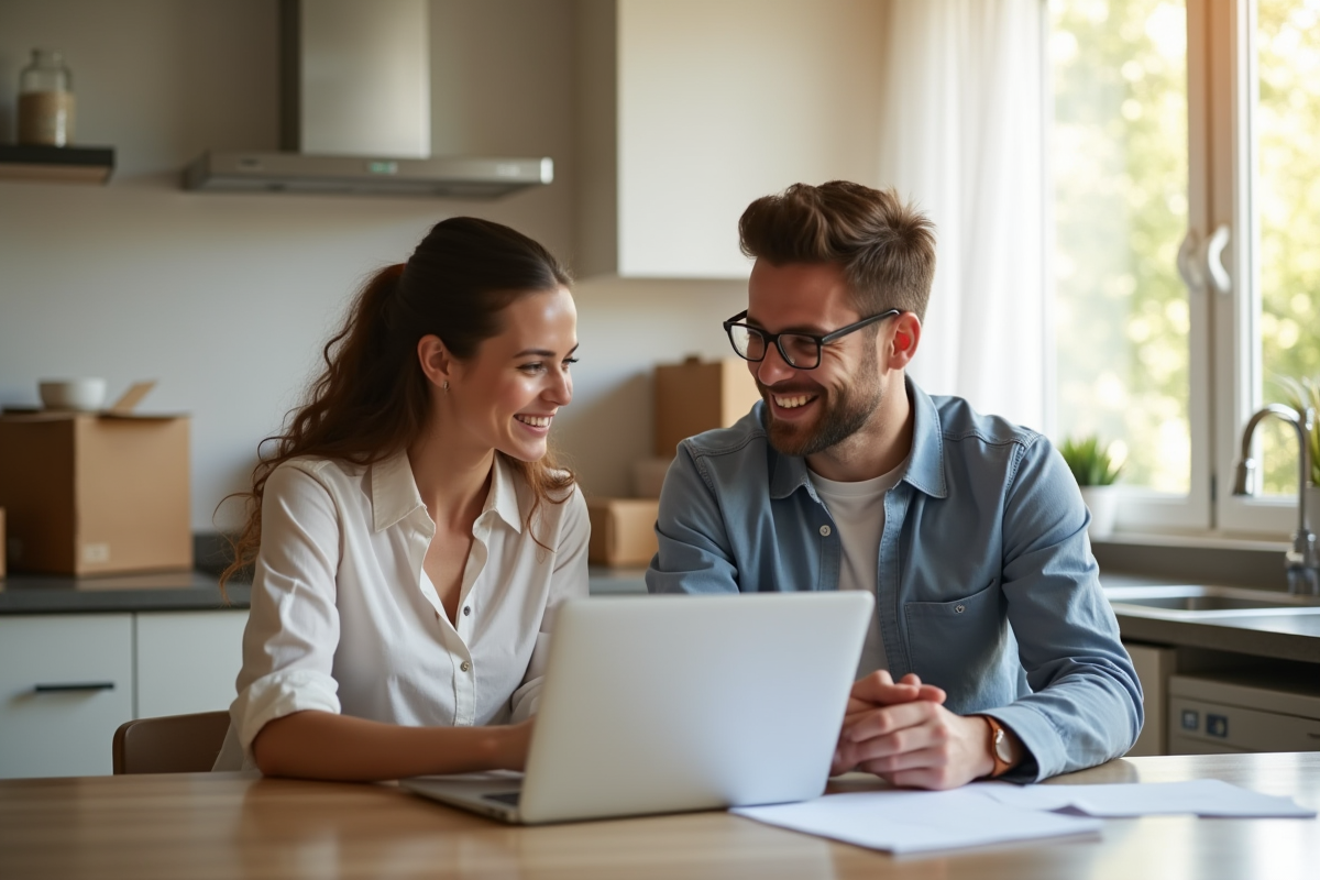 Jeune couple souriant à la maison avec papiers et ordinateur