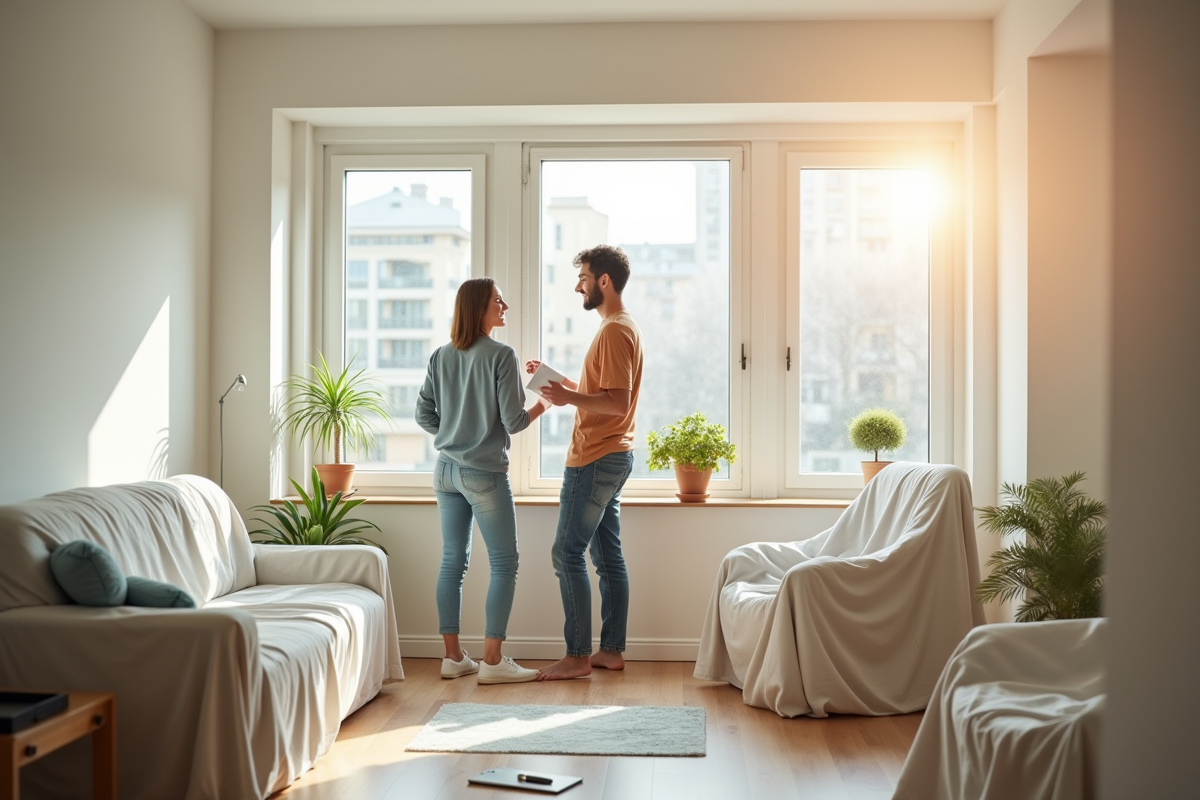 Jeune couple peignant un salon lumineux et moderne