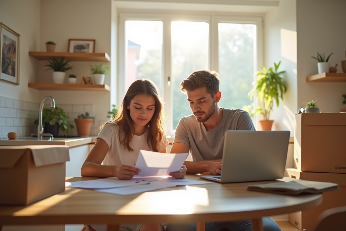 Jeune couple à la cuisine préparant leur déménagement