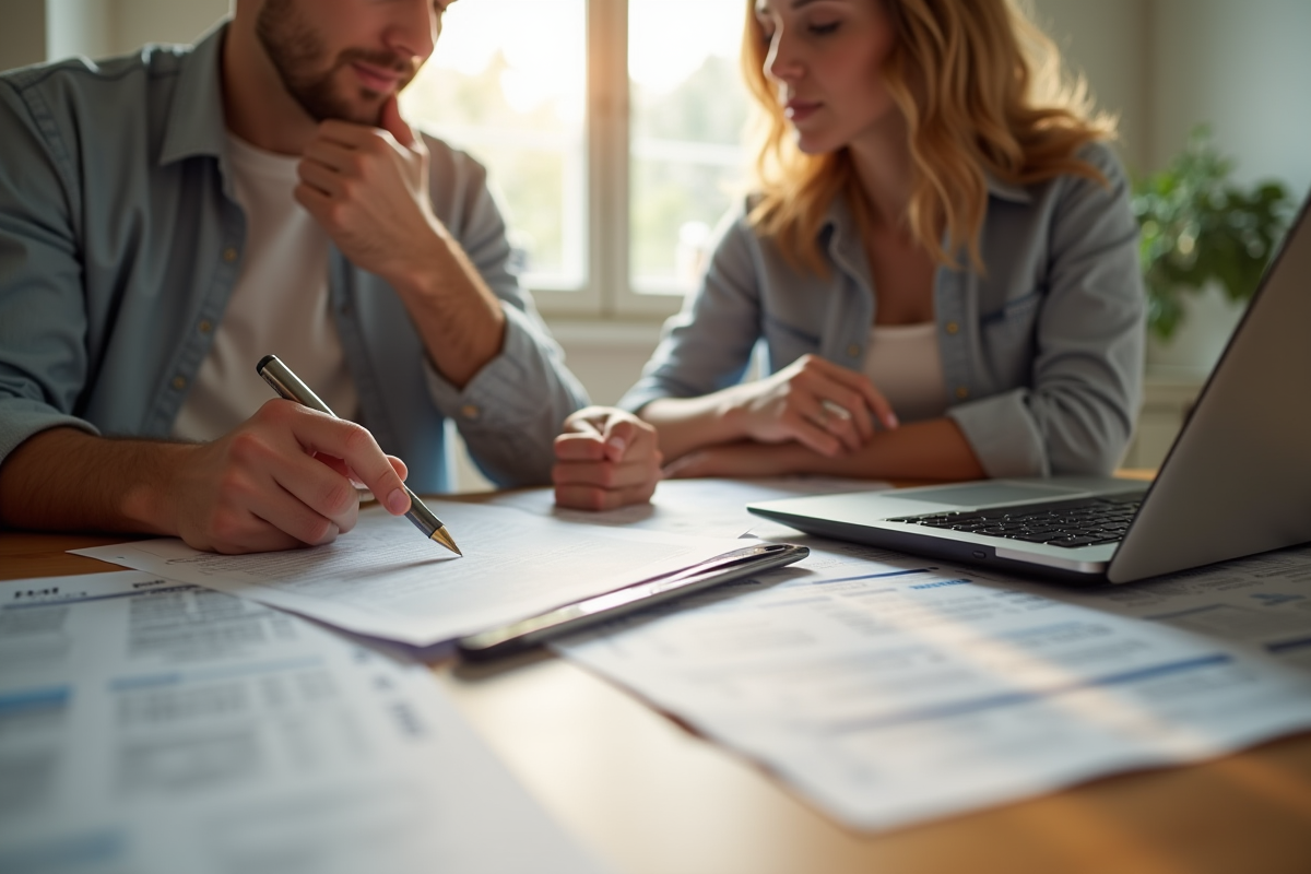 Jeune couple analysant des documents de prêt immobilier à la maison