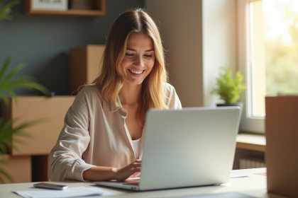 Jeune femme souriante changeant d'adresse sur son ordinateur portable