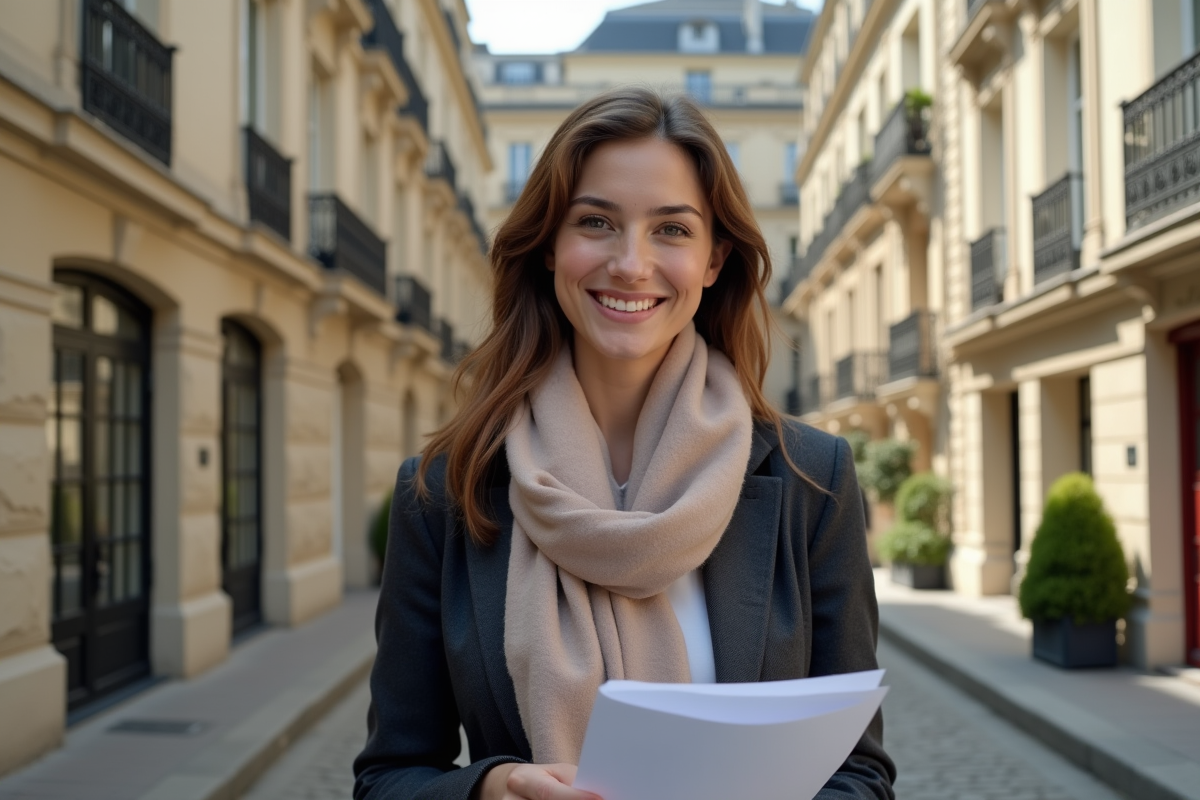 Jeune femme souriante devant un bâtiment historique rénové à Paris