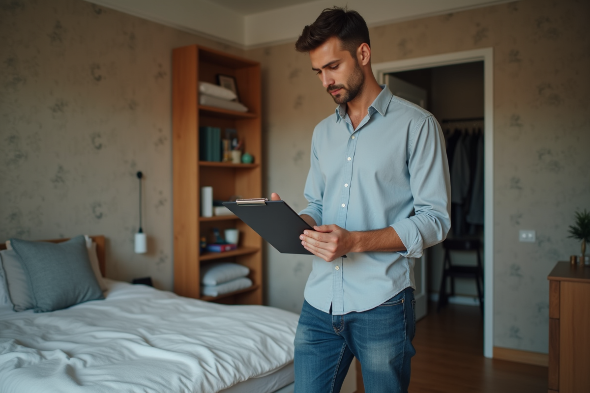 Jeune homme vérifiant son budget dans sa chambre organisée