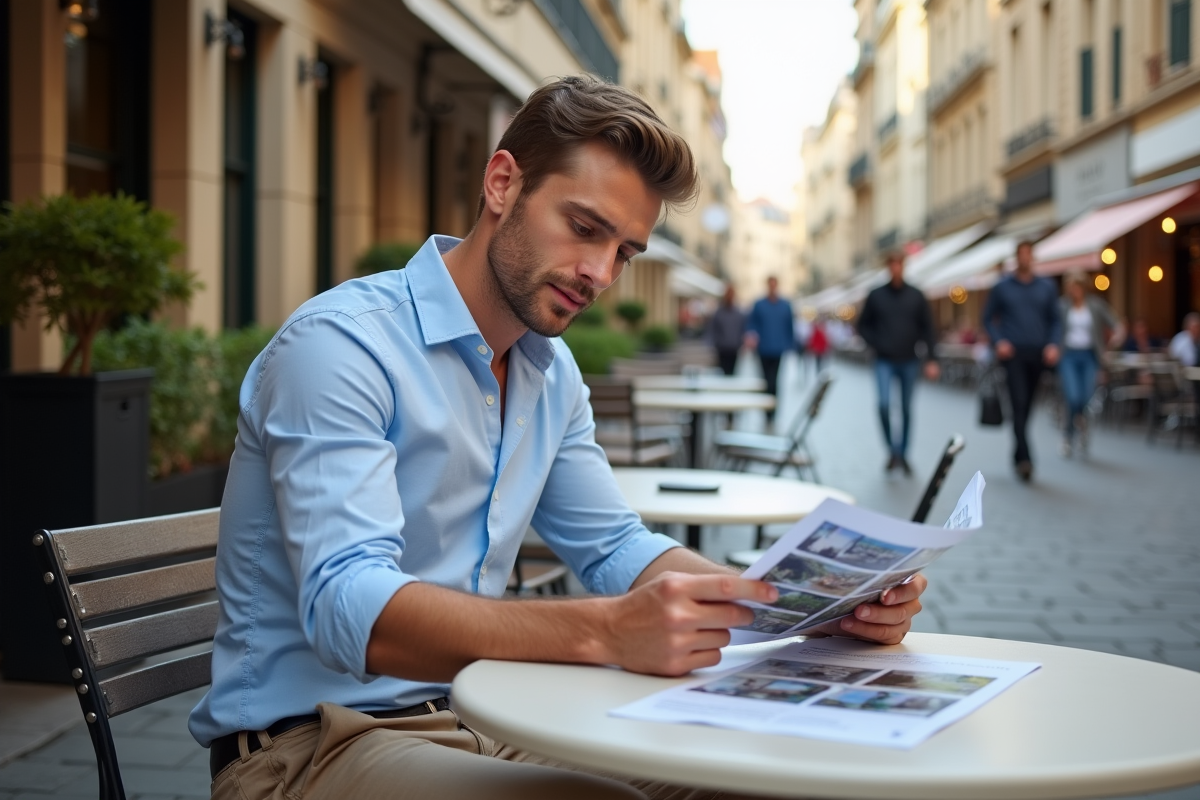 Jeune homme en ville lisant des brochures immobilières