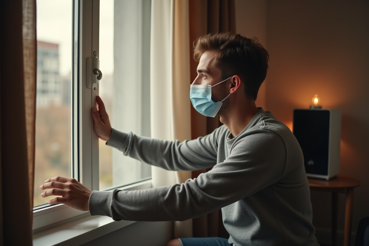 Jeune homme portant masque ouvrant une fenêtre dans un appartement