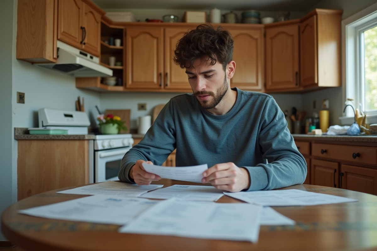 Jeune homme examine factures dans cuisine inondee