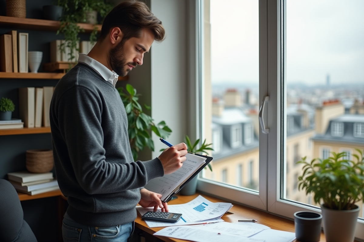 Jeune homme français annotant ses revenus face à une fenêtre sur Paris