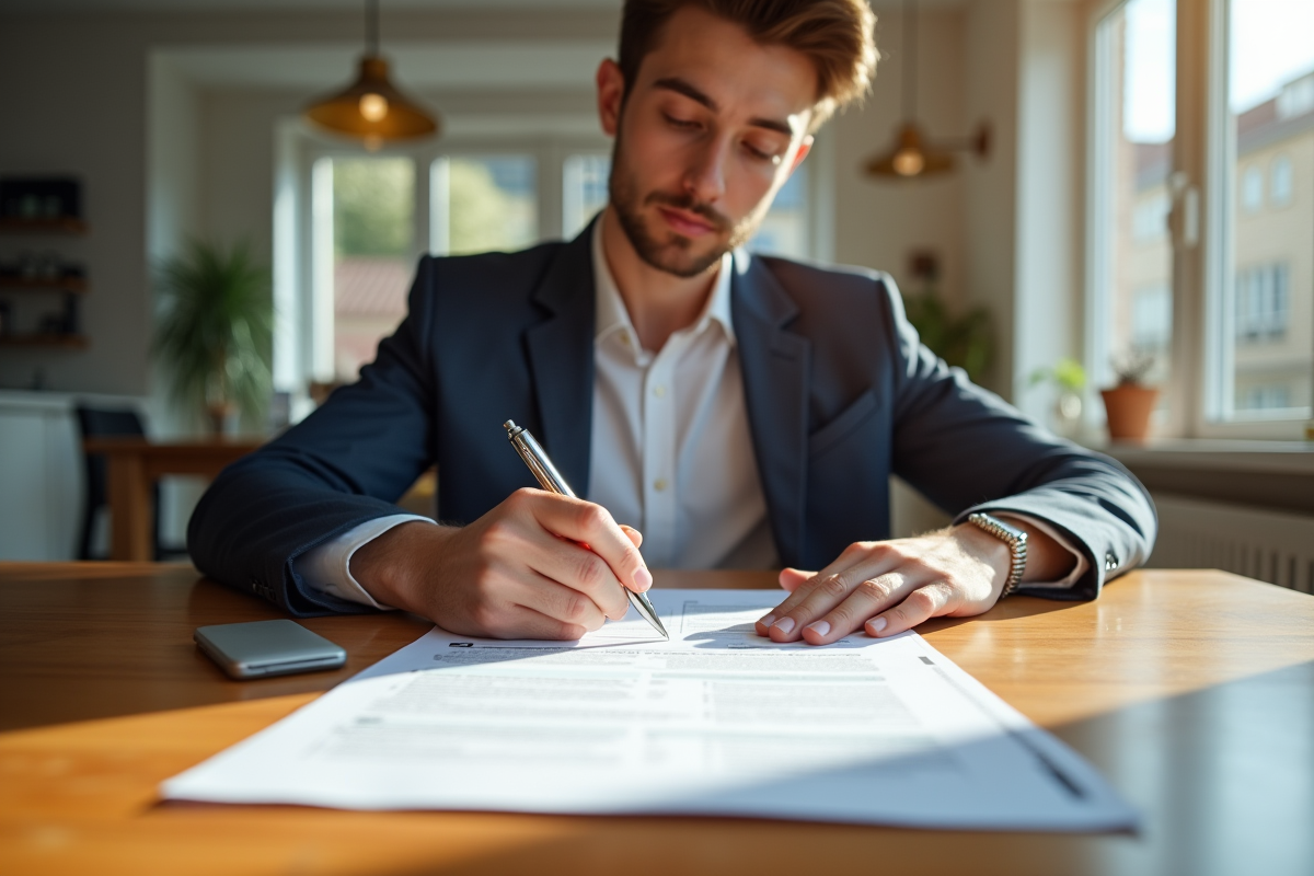 Jeune professionnel remplissant des documents dans un appartement lumineux