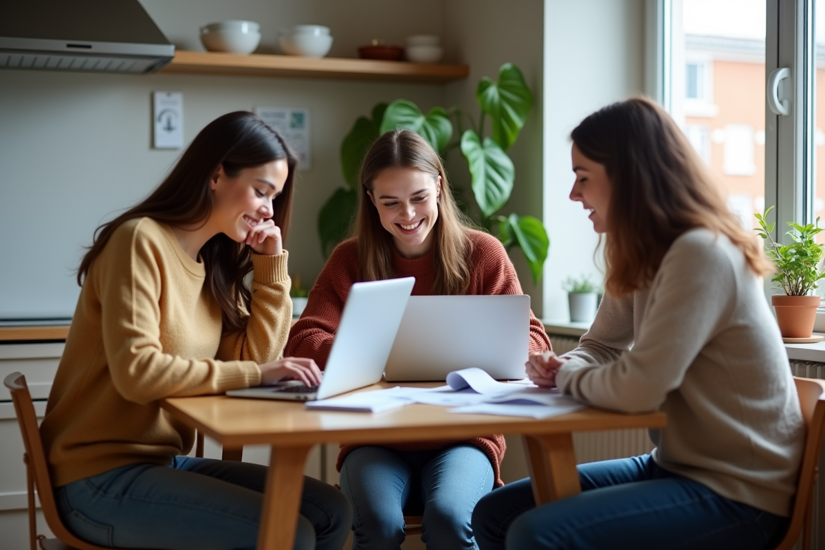 Trois jeunes adultes discutent de leurs dépenses dans une cuisine moderne