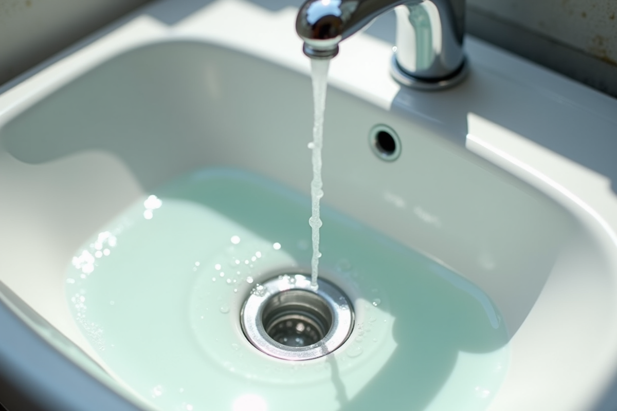 Vue rapprochee d'un lavabo avec de l'eau qui tourne autour du drain