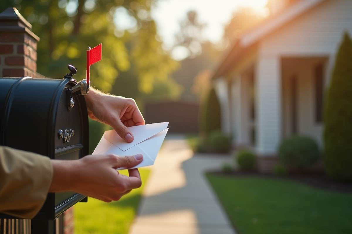 Main déposant une lettre dans une boîte aux lettres devant une maison