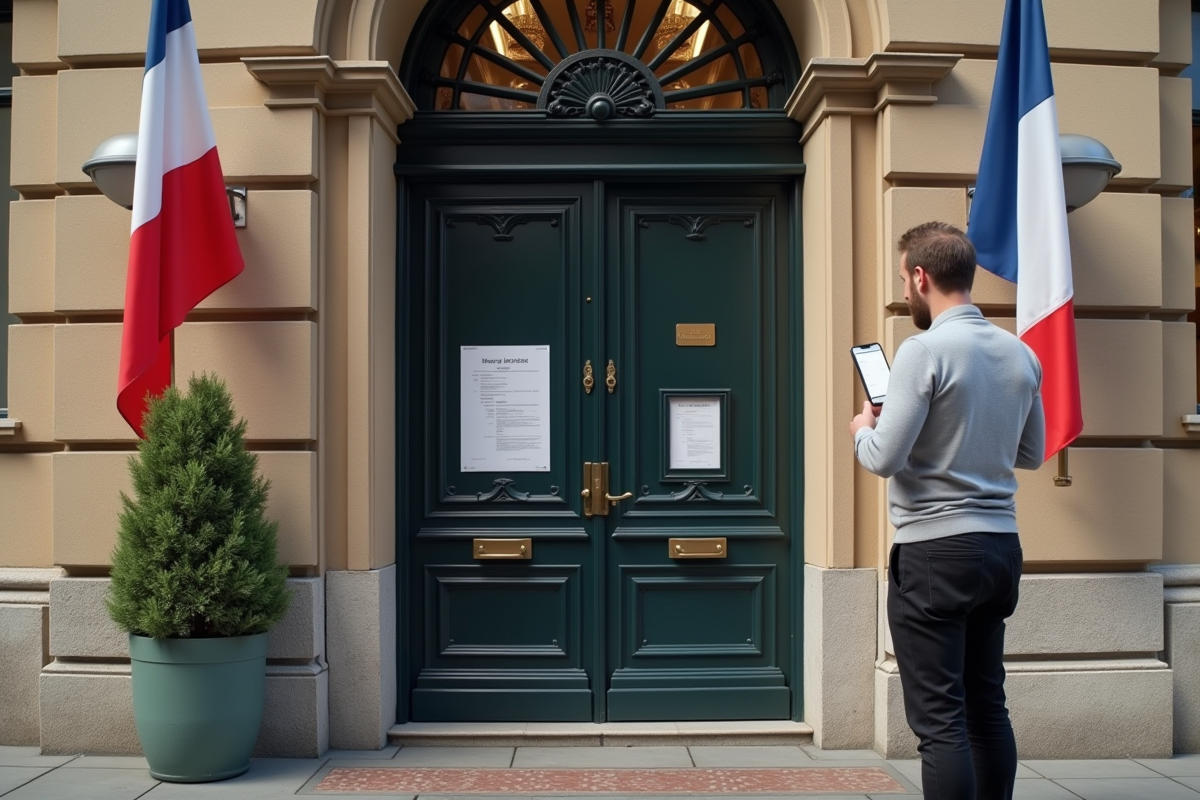 Façade d une mairie française avec drapeau et personne lisant un document