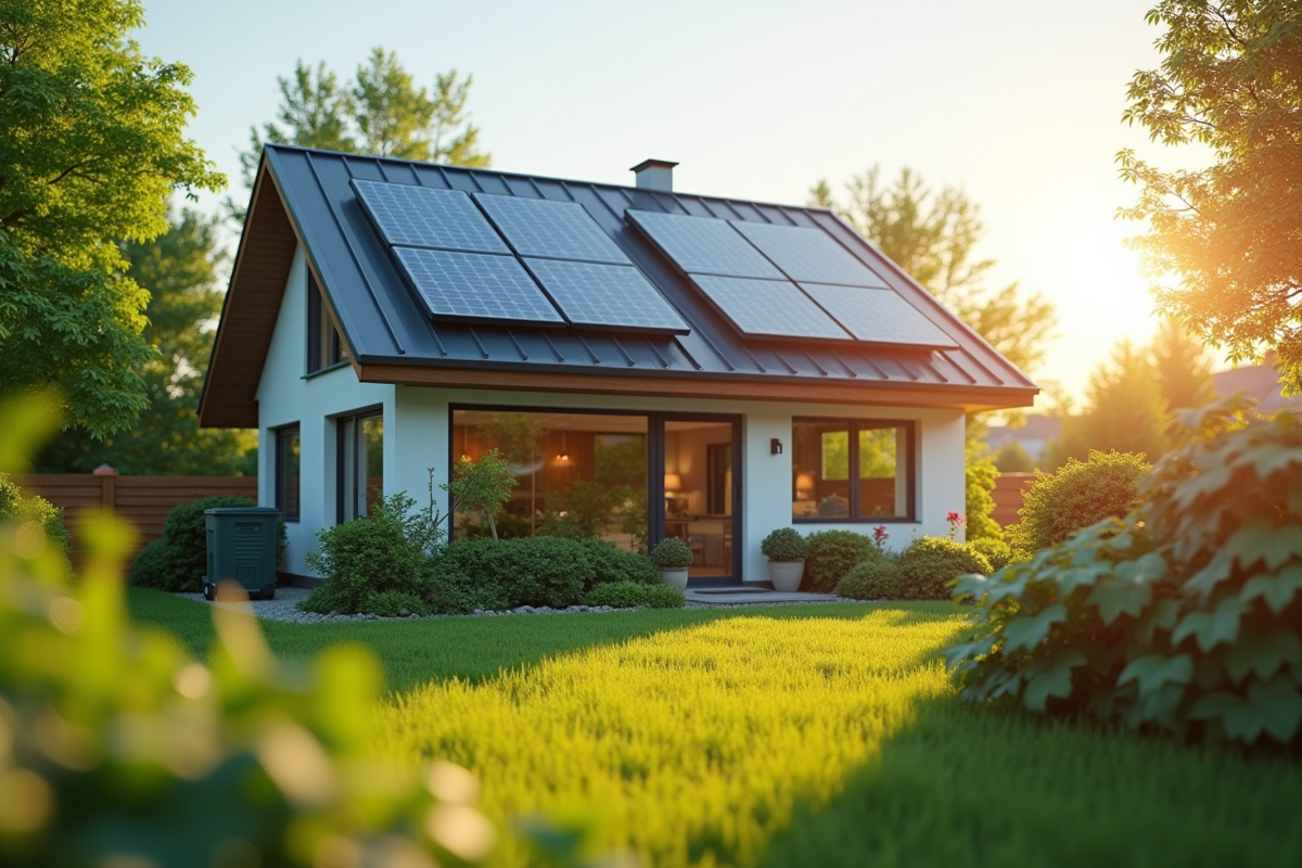 Maison moderne avec panneaux solaires et jardin vert