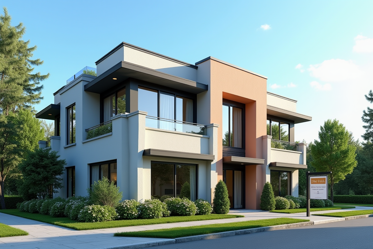 Façade d un bâtiment résidentiel ensoleillé avec panneau a vendre