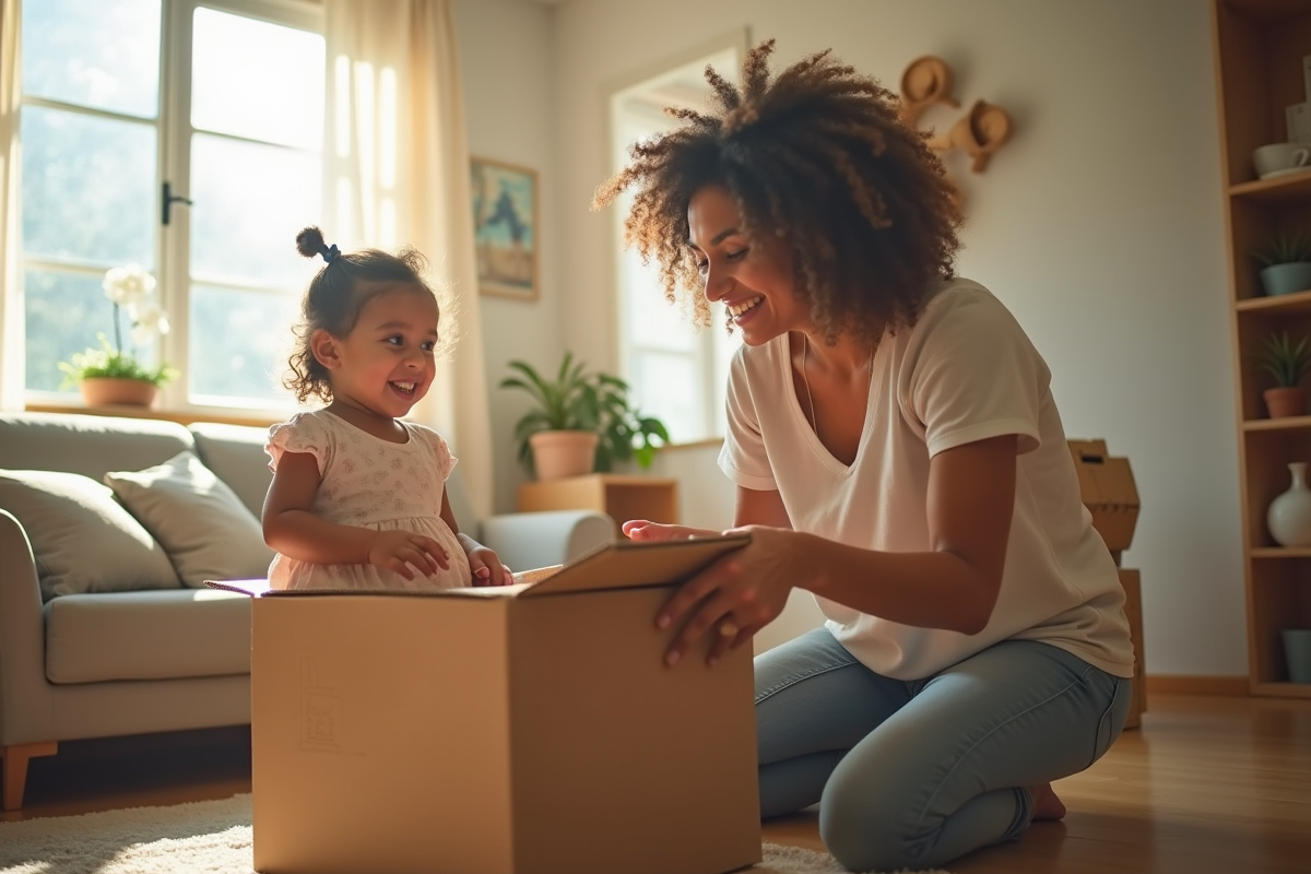 Maman et enfant déballant des cartons dans un appartement lumineux