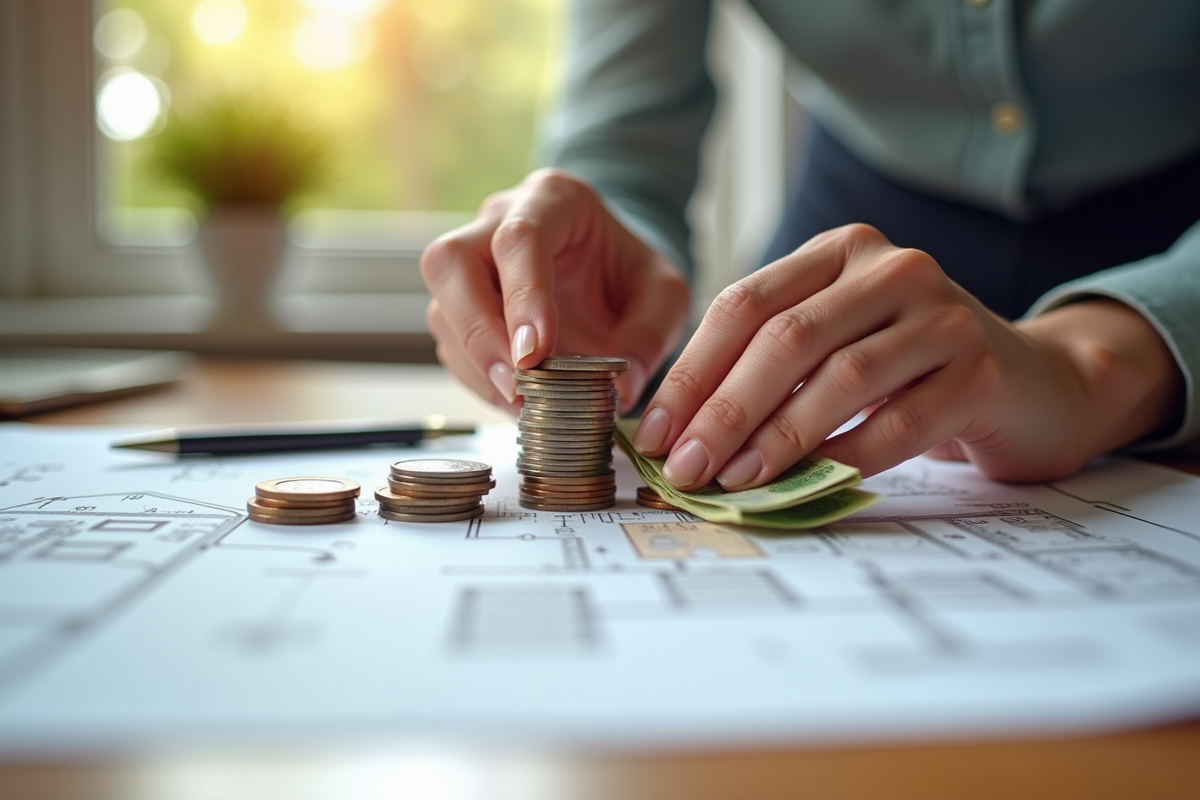Mains empilant des euros avec plan de maison et stylo