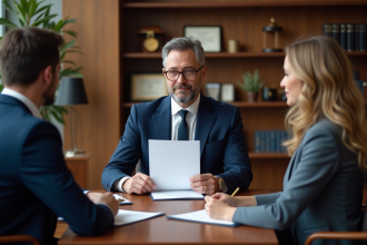 Notaire en costume navy échange un document avec un couple