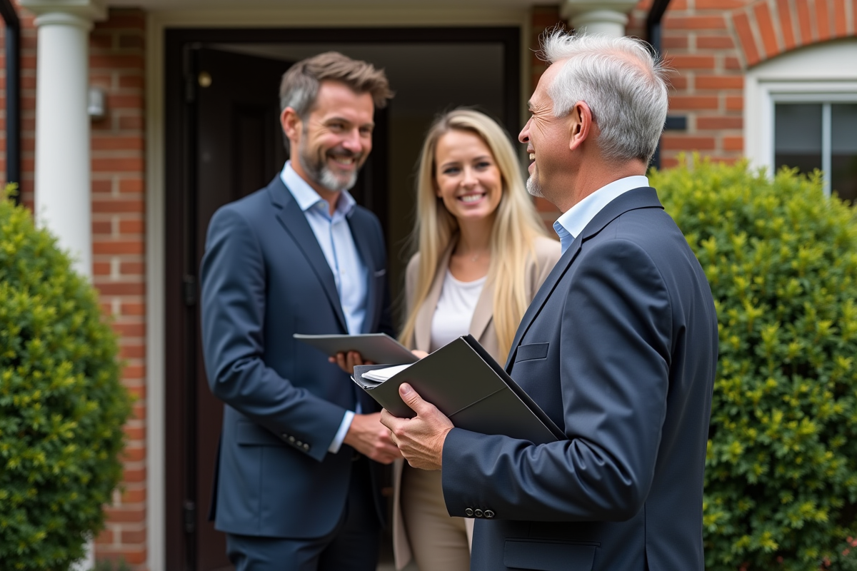 Notaire accueillant un couple devant une maison