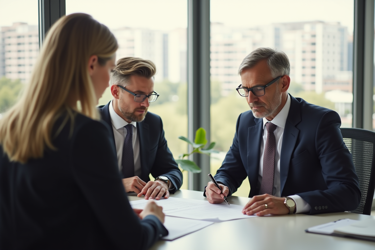 Deux notaires professionnels expliquant des documents immobiliers