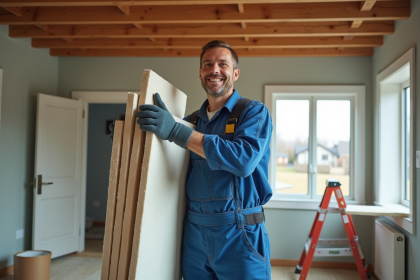 Ouvrier en overalls bleus tenant des panneaux d'isolation dans un salon en rénovation