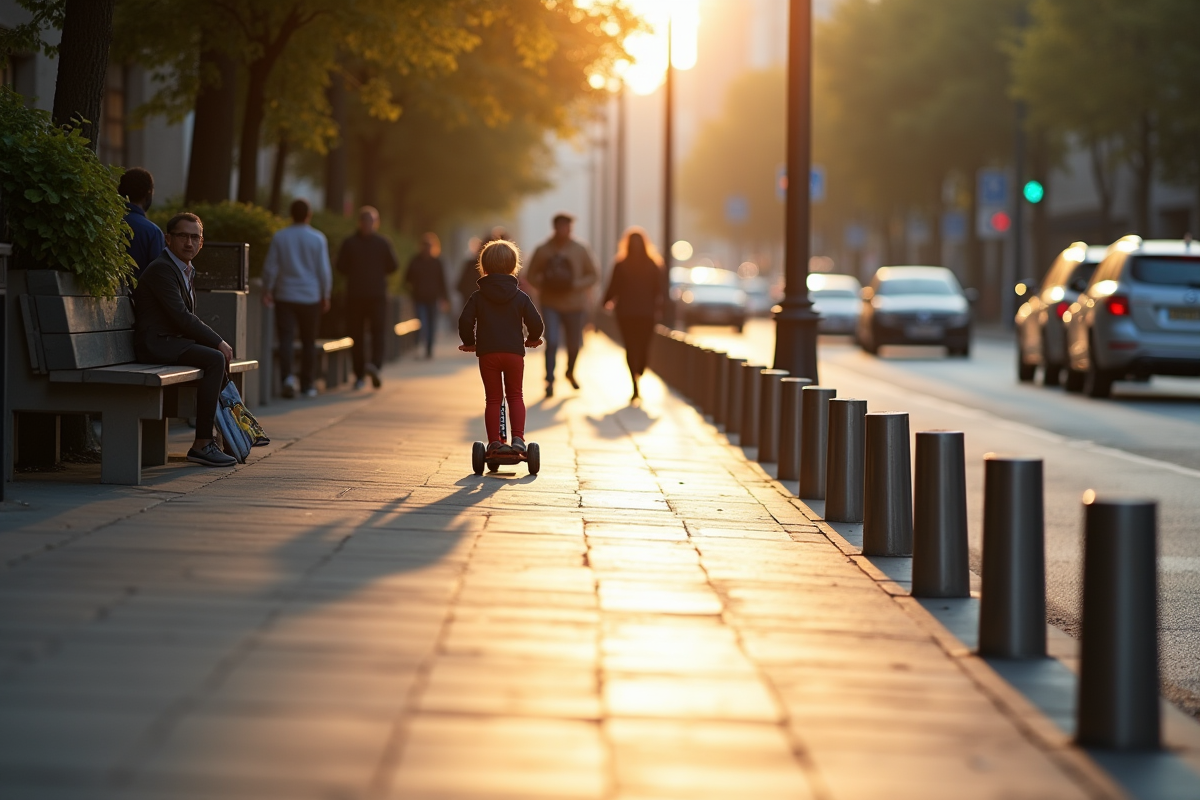 Passants et enfant en trottinette sur trottoir ensoleille