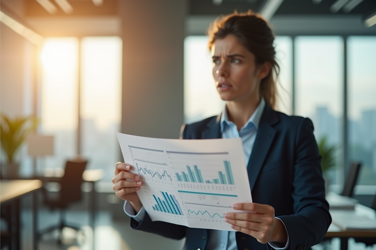 Professionnel d'affaires tenant un document avec des graphiques financiers