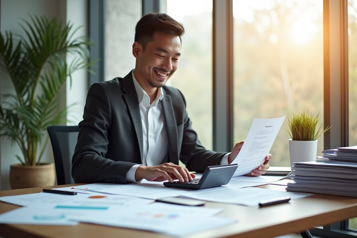 Personne souriante utilisant une calculatrice sur un bureau moderne