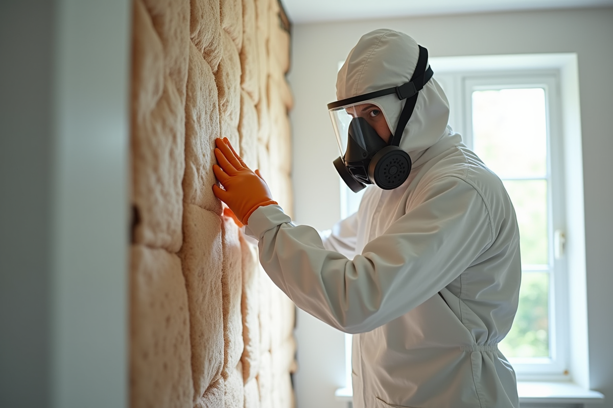 Personne en tenue de protection retirant l'isolation dans une maison lumineuse