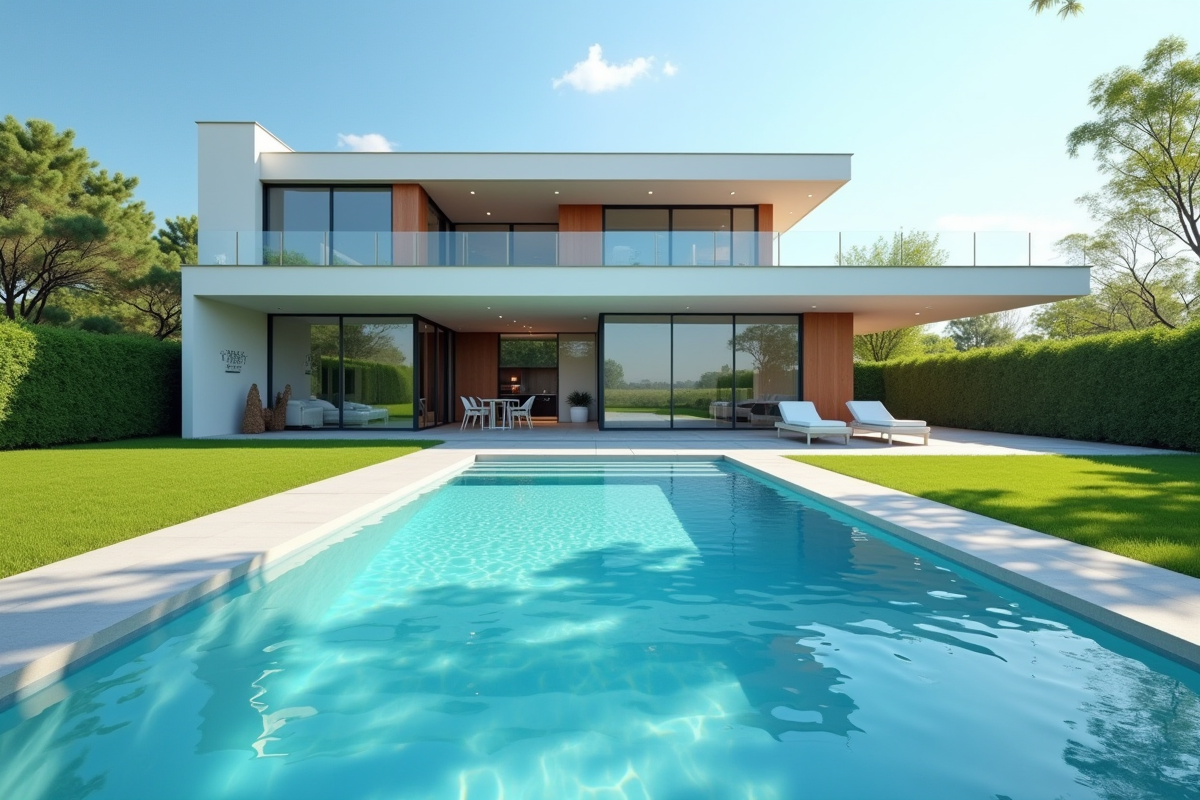 Piscine moderne près d'une maison contemporaine en plein jour